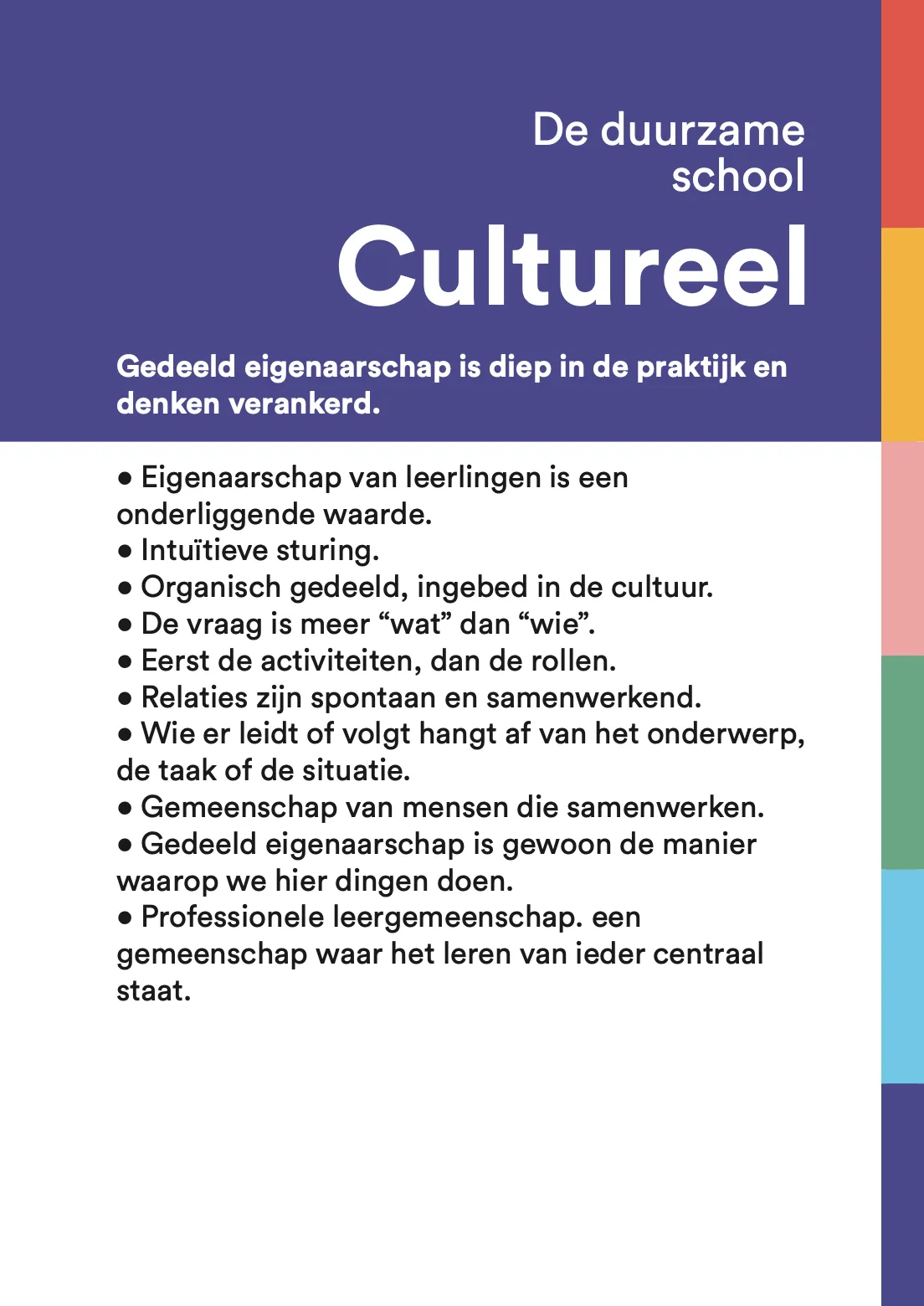 Schoolcultuur Cultureel: de duurzame school. Eigenaarschap is diep verankerd in het denken en handelen.