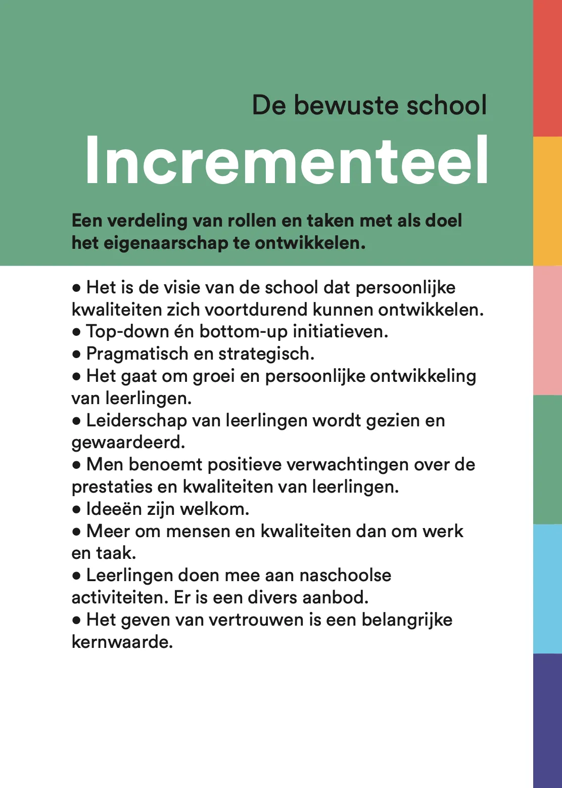 Schoolcultuur Incrementeel: de bewuste school. Eigenaarschap ontwikkelt zich stap voor stap.
