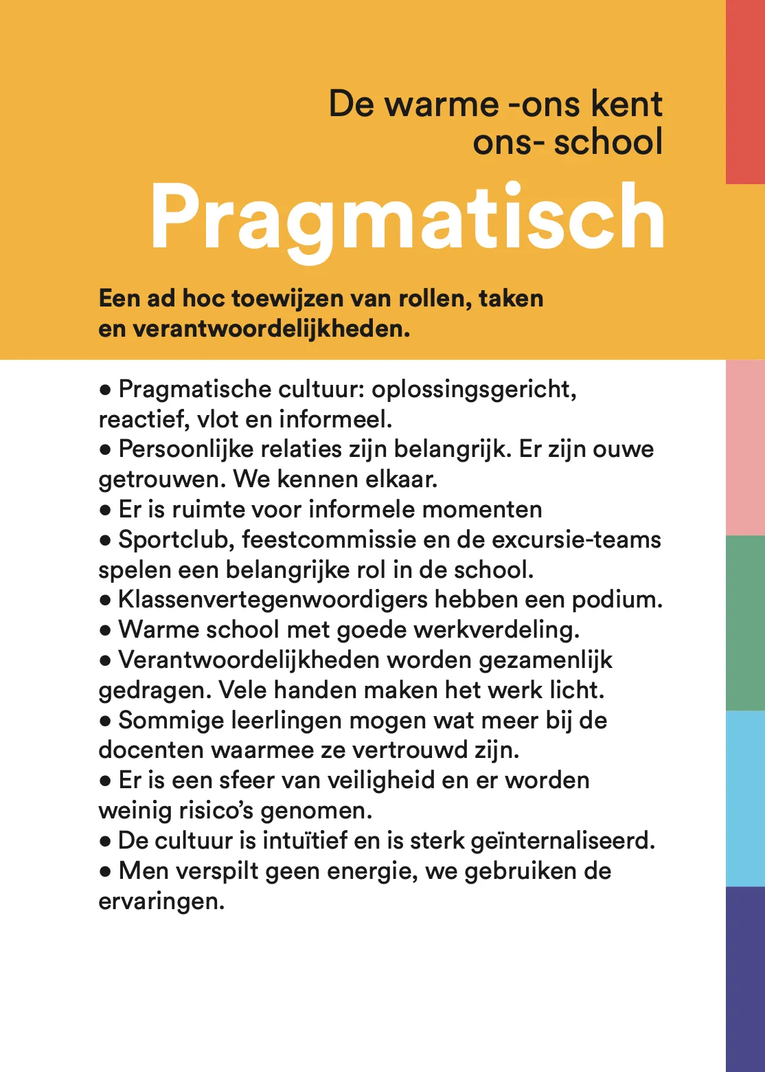 Schoolcultuur Pragmatisch: warme, informele cultuur waar eigenaarschap vanzelf ontstaat.