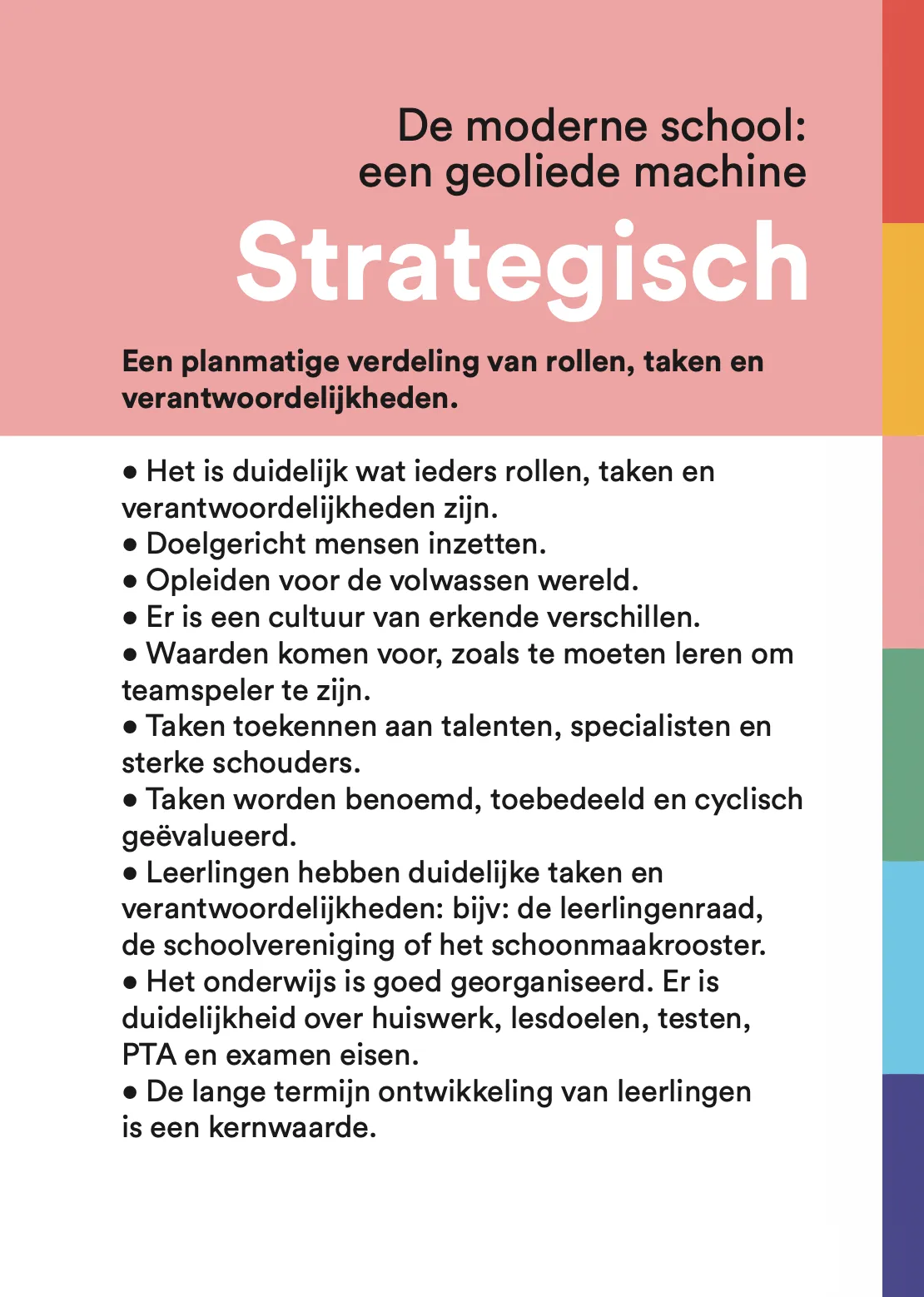 Schoolcultuur Strategisch: de moderne school als geoliede machine. Eigenaarschap is doelbewust georganiseerd.